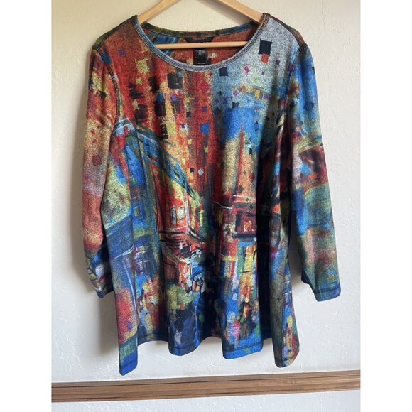 Ali Miles 2X Multicolor Watercolor City Scene 3/4 Sleeve Ultrasoft Fleece Tunic - Picture 7 of 7